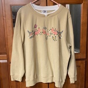 C&K Designs Tan 1X Sweatshirt with Floral & Butterfly Embroidery Cozy Casual